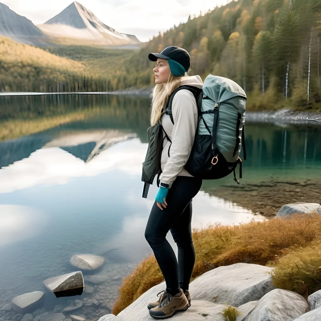 Prompt: Professional full body picture of a beautiful nordic girl infont of a rugged basaltic mountain peak behind a magical forested area with a crystal clear lake, age 18, nordic, backpack, curvaceous physique, realistic, professional, high quality,warm light, head tilted, dynamic pose, outdoor, beautiful landscape, adventure