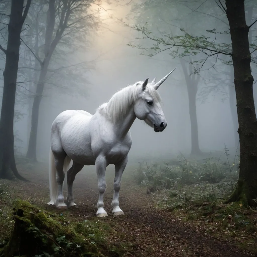 Prompt: Eine fee und ein einhorn, auf einer von nebel verh�llt waldlichtung