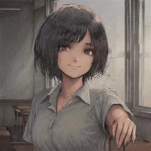 Prompt: A young female ghost with short black hair. Brown eyes. Sunken eyes. Wearing a old torn up school uniform. In a old classroom at night.with a scary aura.Smiling. Looking at the viewer. In the retro anime art style