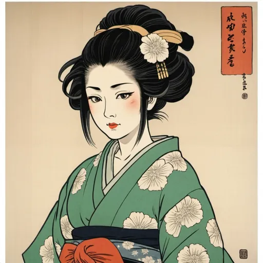 Prompt: (best quality, masterpiece)+,  (((masterpiece))),(((best quality))) ((Ukiyo-e)) a woman with her hair down, wearing a green kimono with a black obi 