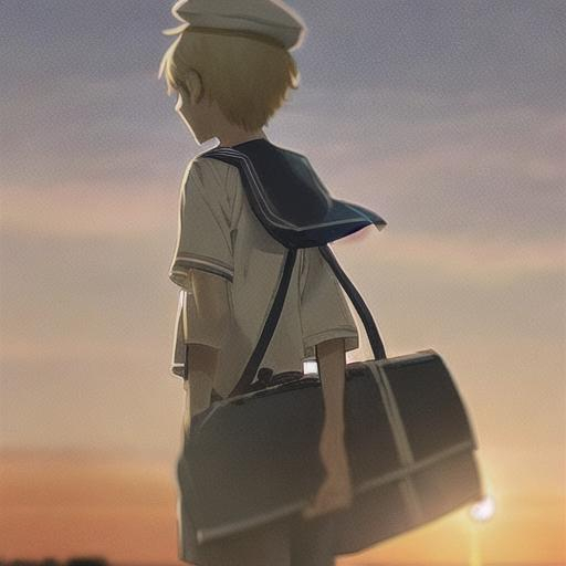 Prompt: A photo blurry photo of a boy with short messy blonde hair and brown eyes. Wearing a boys sailor themed school uniform and school hat.talking with his friends outside a school while the sun sets. In the distance. In the anime style. In the style of a photo