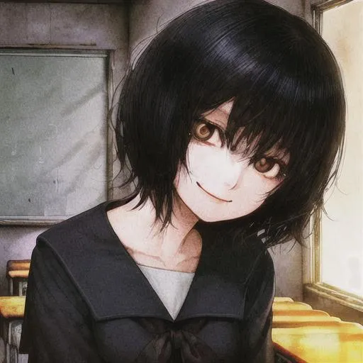 Prompt: A girl ghost with short black hair. Brown eyes. Sunken eyes. Wearing a old torn up school uniform. In a old classroom at night.with a scary aura.Smiling. Looking at the viewer. In the retro anime art style