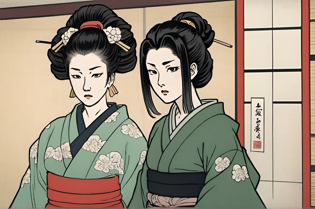 Prompt: (best quality, masterpiece)+,  (((masterpiece))),(((best quality))) ((Ukiyo-e)) a woman with her hair down, wearing a green kimono with a black obi glaring jealously at a woman with black hair tied in a ponytail wearing black armor