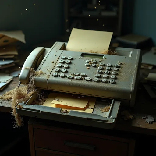 Prompt: A photorealistic image of a heavily yellowed and dusty fax machine, sitting abandoned in the corner of a dimly lit, cluttered office. Thick cobwebs are draped over the machine and its paper tray. The fax machine's buttons are faded, and the paper inside is yellowed and crumpled. The overall tone of the image is one of neglect and obsolescence. The lighting is focused on the fax machine, casting long shadows and highlighting the dust particles floating in the air.
