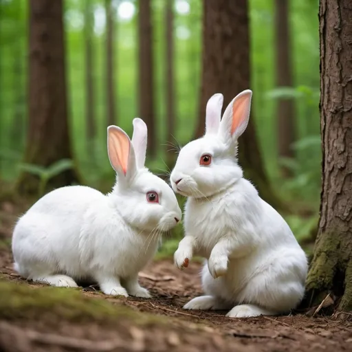 Prompt: White rabbits in forest happy and playing