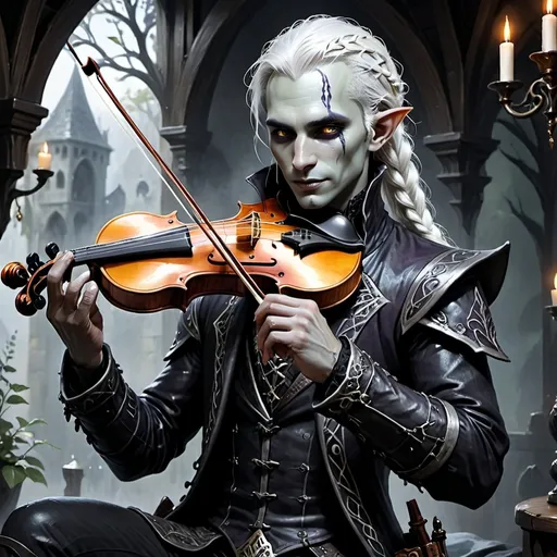 Prompt: (charming D&D character), fantasy style, (Changeling Bard), male appearance, 28 years old, typical changeling traits, long white hair with braids and trinkets in them and a black streak of hair, fancy leather armor, (muted color scheme), gothic vampirc background, (high quality), (ultra-detailed), showcasing unique features and textures, inviting a sense of adventure and intrigue. he should be beautifil, grey skin, instrument he is playing violin