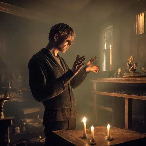 Prompt: Edmund Hartley, consumed by obsession, is shown conducting unknowing rituals. The room is bathed in an eerie, mystical light as he works on Seraphina, unaware of the malevolent force surrounding him.