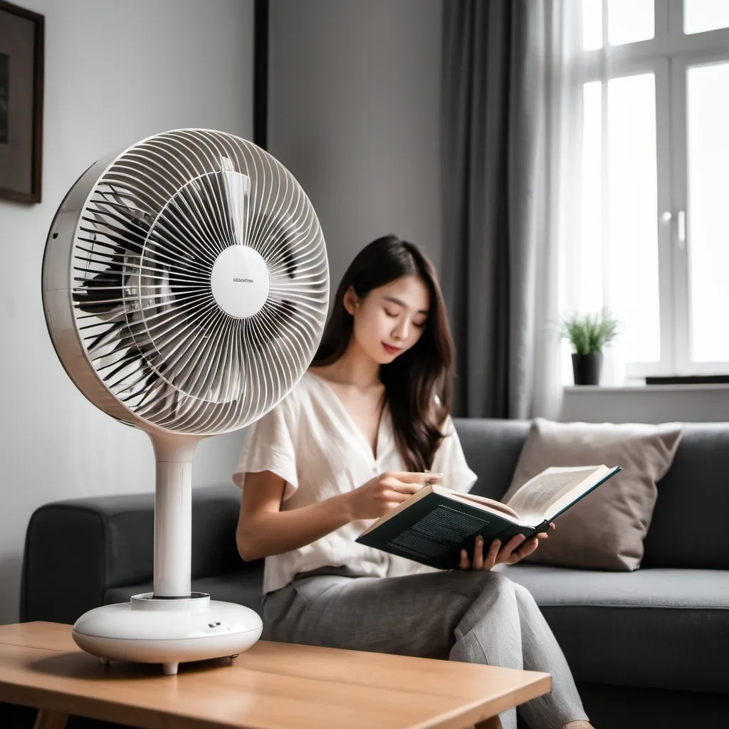 Prompt: woman read book and beside have air circulator fan