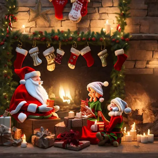 Prompt: 3d workshop  Santa, elves, reindeer cozy and warm celebration "Merry Christmas"


