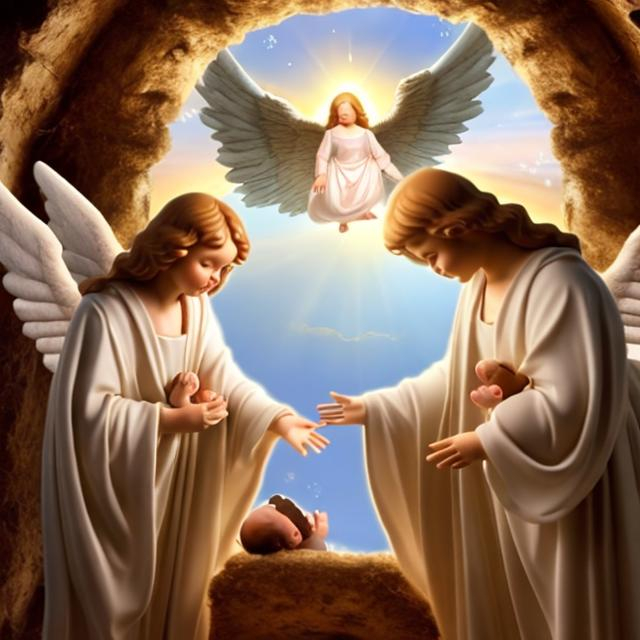 Prompt: 3d angels coming from heaven to look at a baby in a manger