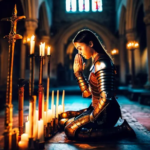 Prompt: woman warrior, with sword, armor, kneeing to pray  in a church with warm lights