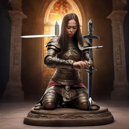 Prompt: Woman warrior for the Lord with sword kneeing to pray sideway