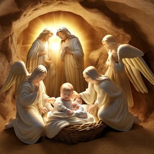 Prompt: 3d angels coming from heaven to look at a baby in a manger