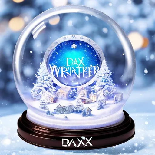 Prompt: 3d snow globe of winter wonderland with the name DAX on the bottom of the globe

