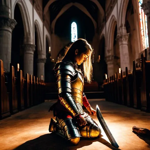 Prompt: woman warrior, with sword, armor, kneeing to pray  in a church with warm lights