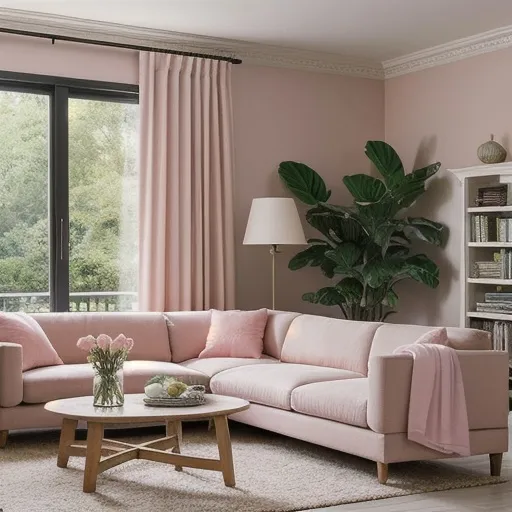 Prompt: 

"Generate a photorealistic image of a spacious living room that exudes the warmth and freshness of spring. The room should be well-lit with natural sunlight streaming through sheer curtains, casting a soft glow on a luxurious sofa set in the center. The sofa, covered in plush fabrics, should feature cushions in #FEECE2 (light pink) and a throw in #FFBE98 (coral). The walls, painted in #F7DED0 (cream), provide a calm backdrop, while wooden accents like a coffee table and bookshelves in #E2BFB3 (taupe) add a touch of elegance. Include subtle spring decor, such as vases with fresh flowers and potted greenery, to bring the room to life. The image should be so lifelike and inviting that it instantly draws viewers in, compelling them to click for a closer look at this serene spring sanctuary."
