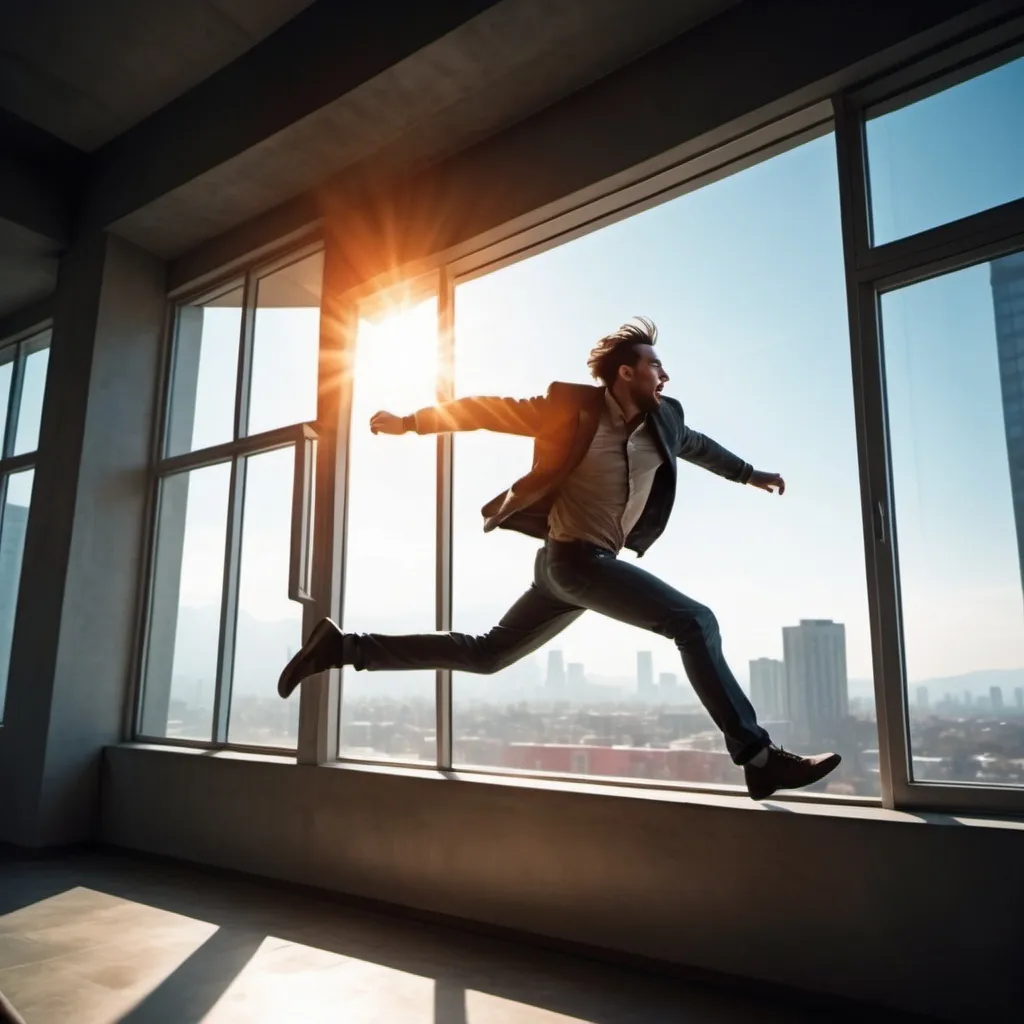 Prompt: Man jumping out from a widow.