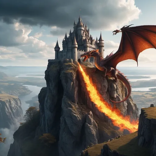Prompt: a fantasy castle at the edge of a cliff, with a dragon flying in the distance breathing fire, epic, 4k. lots of detail