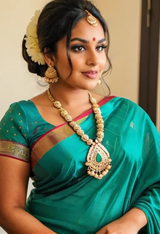 Prompt: Plus-size beautiful cute attractive indian saree mesmerizing female  30 years old, cute, Instagram model, long black_hair, colorful hair, warm, dacing, in home sit at sofa, indian