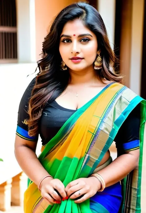 Prompt: Plus-size beautiful memories indian modal body shape plus all sizes light wait saree mesmerizing female  30 years old hot Instagram model, long black_hair, colorful hair, warm, colour village background indian