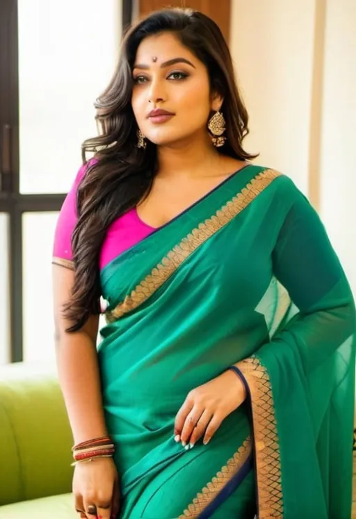 Prompt: Plus-size hotest beautiful cute attractive indian saree mesmerizing female  30 years old, cute, Instagram model, long black_hair, colorful hair, warm, dacing, in home sit at sofa, indian