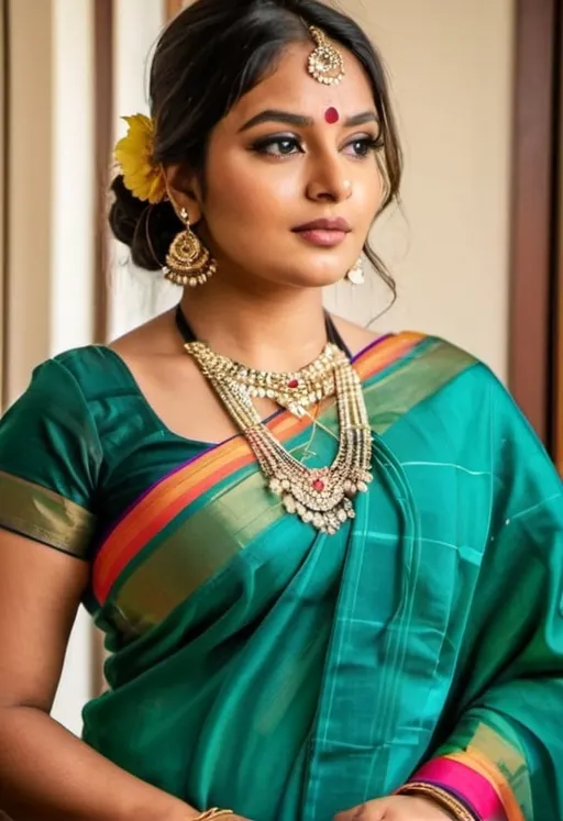 Prompt: Plus-size beautiful cute attractive indian saree mesmerizing female  30 years old, cute, Instagram model, long black_hair, colorful hair, warm, dacing, in home sit at sofa, indian