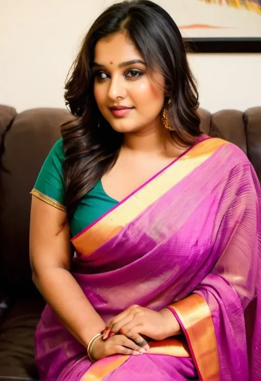 Prompt: Plus-size beautiful memories indian modal body shape plus all sizes light wait saree mesmerizing female  30 years old, cute, Instagram model, long black_hair, colorful hair, warm, dacing, in home sit at sofa, indian