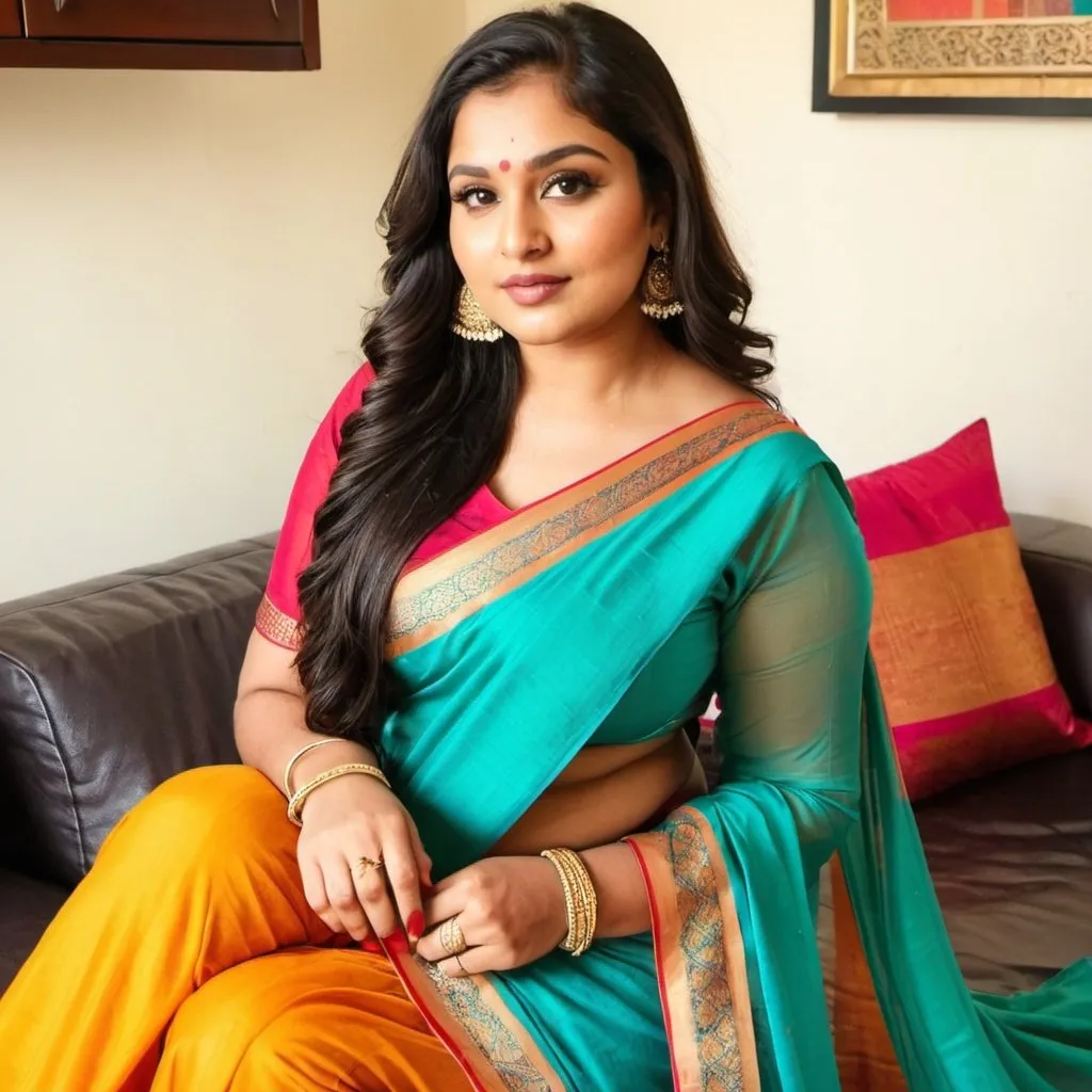 Prompt: Plus-size beautiful cute attractive indian saree mesmerizing female  30 years old, cute, Instagram model, long black_hair, colorful hair, warm, dacing, in home sit at sofa, indian