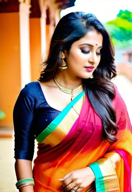Prompt: Plus-size beautiful memories indian modal body shape plus all sizes light wait saree mesmerizing female  30 years old hot Instagram model, long black_hair, colorful hair, warm, colour village background indian