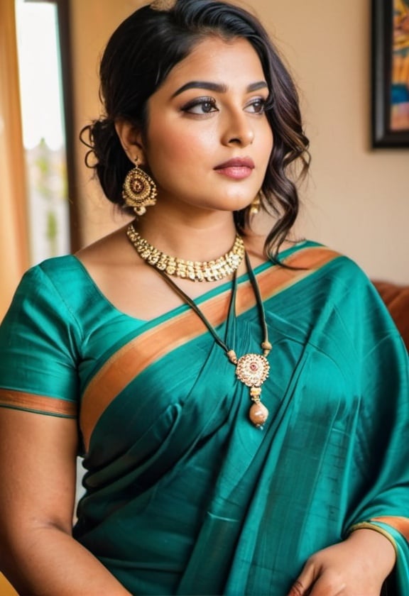 Prompt: Plus-size beautiful cute attractive indian saree mesmerizing female  30 years old, cute, Instagram model, long black_hair, colorful hair, warm, dacing, in home sit at sofa, indian