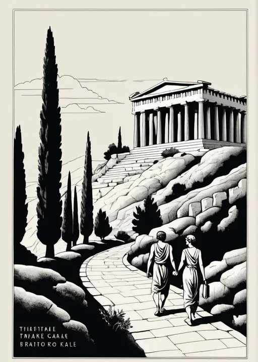 Prompt: A book cover. A simple line drawing in monochrome in a 1930s style. Three ancient greek travellers are walking along a winding road towards a greek temple. The graphic should also incorporate a network. 
