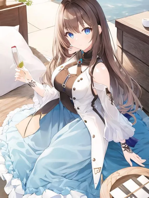 Prompt: pixiv, a 25 year old matured girl, walnut brown hair, long hair, indigo blue eyes, detailed face, waist-up shot, HDRI, masterpiece, smooth, sharp focus, illustration, tattoo_black_horizontal_lines_on_cheeks, emo, pupiles, short dress,