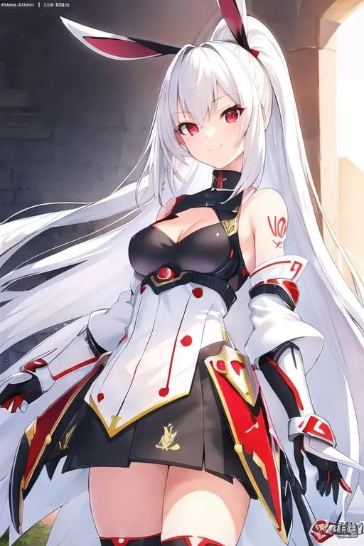 Prompt: pixiv, a 15 year old girl smiling, white hair, long hair, deep red eyes, Brigantine Armor, adventure clithes, detailed face, waist-up shot, HDRI, masterpiece, smooth, sharp focus, illustration, rabbit face, cute, tattoo_black_horizontal_lines_on_cheeks, emo, pupiles, short dress,