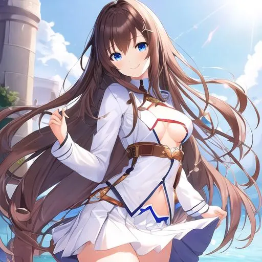 Prompt: pixiv, a 25 year old matured girl smiling, walnut brown hair, long hair, indigo blue eyes, big chest, D rank chest size, detailed face, wearing white skirt, waist-up shot, HDRI, masterpiece, smooth, sharp focus, illustration, emo, pupiles,