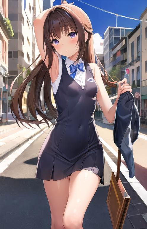 Prompt: pixiv, a 12 year old girl waking in the street, walnut brown hair, indigo eyes, armpit length hairs, academy scenario, detailed body, waking on the streets,  standing, wearing school clothes, holding books, waist-up shot, HDRI, masterpiece, smooth, sharp focus, illustration, cute, emo, pupiles, short dress,