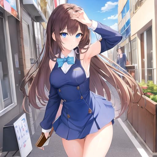 Prompt: pixiv, a women 22 year old, walnut brown hair, indigo blue eyes, armpit length hairs, academy scenario, detailed body, waking on the streets,  standing, wearing school clothes, holding books, waist-up shot, HDRI, masterpiece, smooth, sharp focus, illustration, cute, emo, pupiles, short dress,
