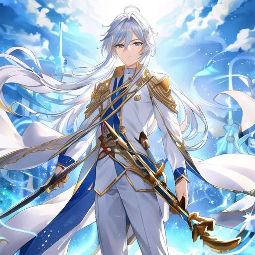 Prompt: a silver hair boy standing in front of two swords, on his left is a beautiful silver sword with a Golden Handel it is covered with winds as if showing his divine radiance, on his right is a beautiful golden swords with bronze handle it is covered with blue lighting as if showing his divine radiance