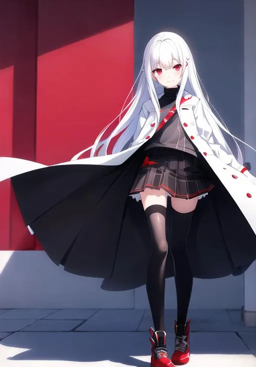 Prompt: pixiv, a 14 year old girl,cute face, white hair, deep red eyes, detailed face, white long coat,waist-up shot, show emotions, small smile, HDRI, masterpiece, smooth, sharp focus, illustration, tattoo_black_horizontal_lines_on_cheeks, emo, pupiles, happy, casual cloths