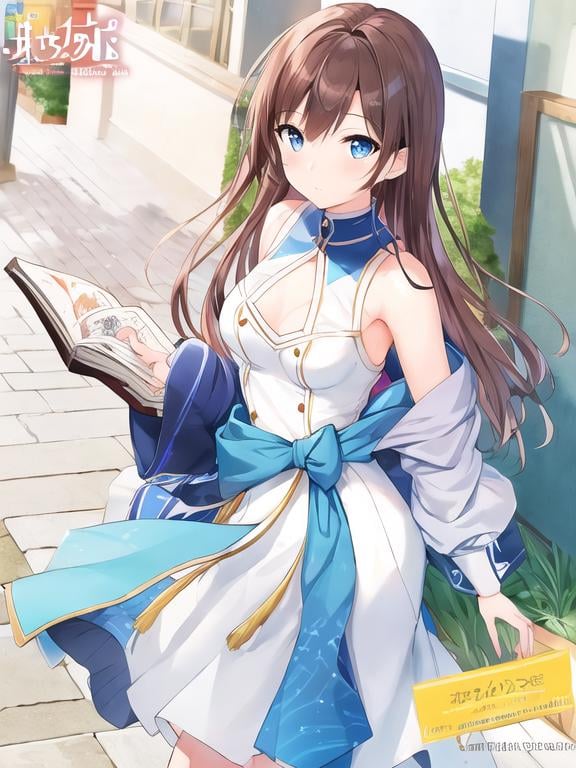Prompt: pixiv, a women in her 23 age, walnut brown hair, indigo blue eyes, armpit length hairs, D rank chest cup, detailed body, waking on the streets,  standing, wearing school clothes, holding books, waist-up shot, HDRI, masterpiece, smooth, sharp focus, illustration, cute, emo, pupiles, short dress,