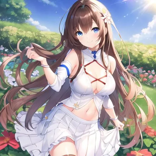 Prompt: pixiv, a 27 year old matured girl smiling, walnut brown hair, long hair, indigo blue eyes, big chest, D rank chest size, detailed face, wearing white skirt, sotting in the flower garden, waist-up shot, HDRI, masterpiece, smooth, sharp focus, illustration, emo, pupiles,