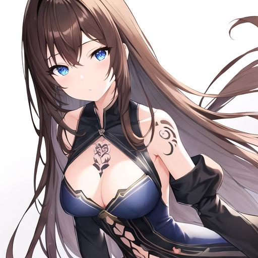 Prompt: pixiv, a 25 year old matured girl, walnut brown hair, long hair, indigo blue eyes, detailed face, waist-up shot, HDRI, masterpiece, smooth, sharp focus, illustration, tattoo_black_horizontal_lines_on_cheeks, emo, pupiles, short dress,