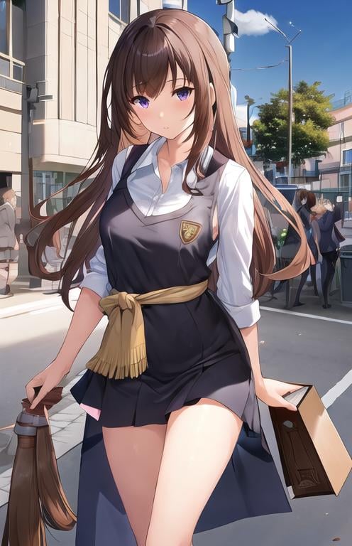 Prompt: pixiv, a women, walnut brown hair, indigo eyes, armpit length hairs, academy scenario, detailed body, waking on the streets,  standing, wearing school clothes, holding books, waist-up shot, HDRI, masterpiece, smooth, sharp focus, illustration, cute, emo, pupiles, short dress,
