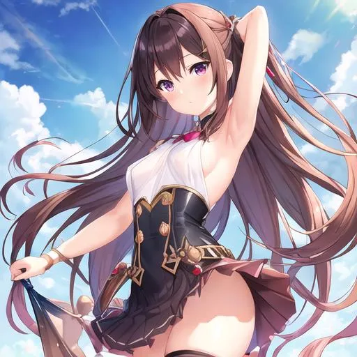 Prompt: pixiv, a women, walnut brown hair, Indigo eyes, really big chest, armpit length hairs, fantasy sceneries, detailed body,  standing, wearing skirt black in colour, d rank size chest, waist-up shot, HDRI, masterpiece, smooth, sharp focus, illustration, cute, emo, pupiles, short dress,