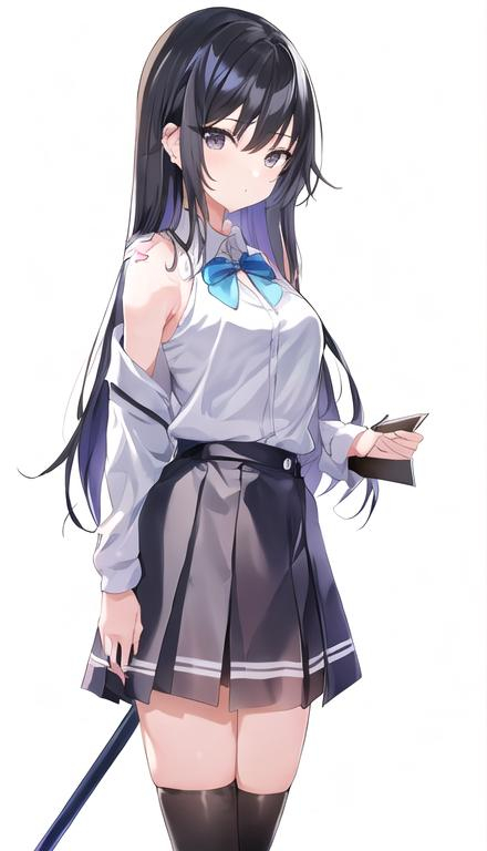 Prompt: pixiv, a 12 year old girl, black hair, long hair, black eyes, armpit length hairs, detailed body, standing, wearing school clothes, holding books, waist-up shot, HDRI, masterpiece, smooth, sharp focus, illustration, cute, tattoo_black_horizontal_lines_on_cheeks, emo, pupiles, short dress,