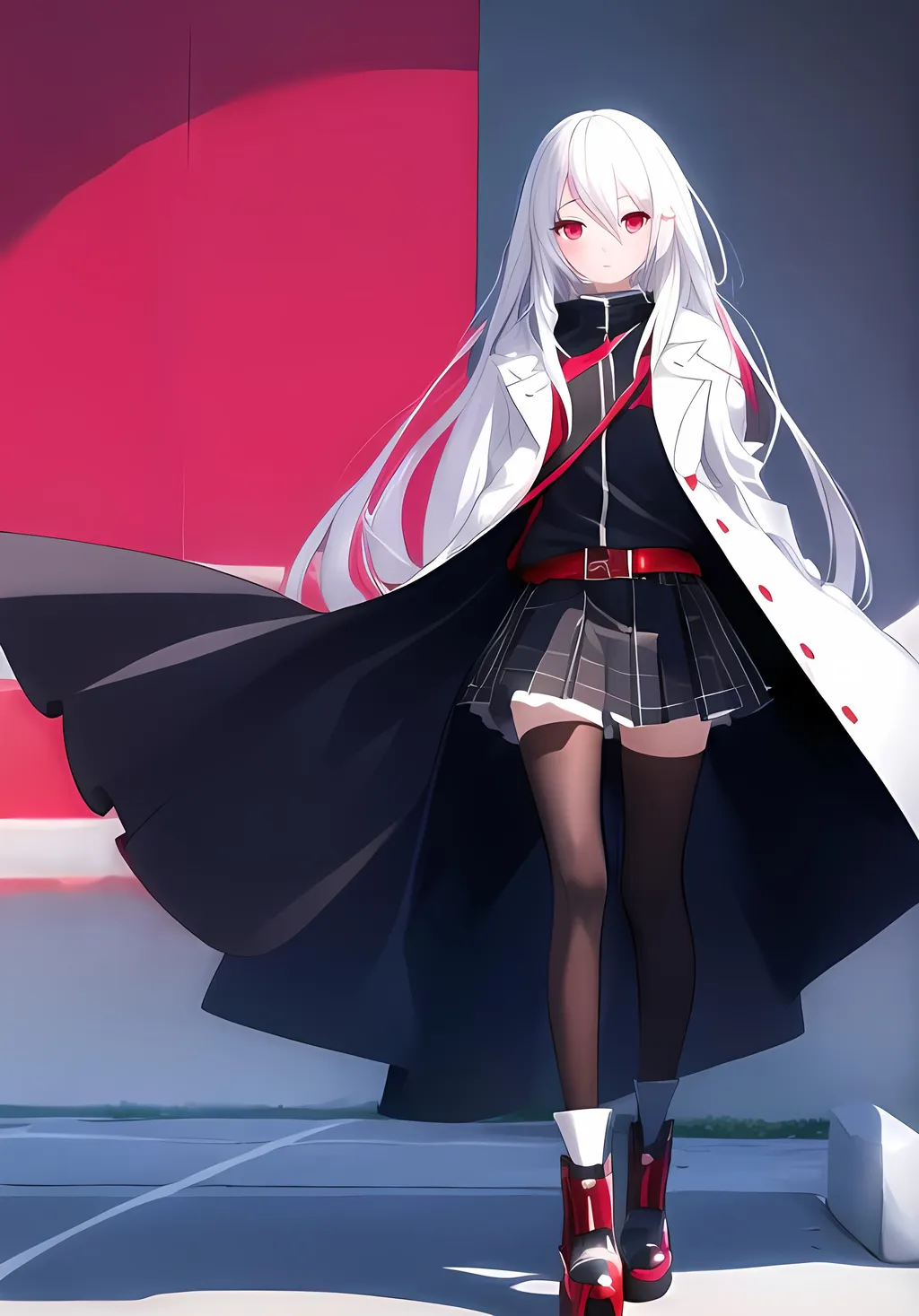 Prompt: pixiv, a 14 year old girl, white hair, deep red eyes, detailed face, white long coat,waist-up shot, HDRI, masterpiece, smooth, sharp focus, illustration, tattoo_black_horizontal_lines_on_cheeks, emo, pupiles, happy, casual cloths