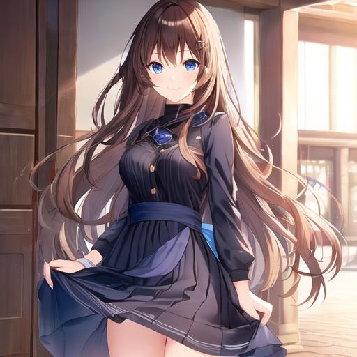 Prompt: pixiv, a 25 year old matured girl smiling, walnut brown hair, long hair, indigo blue eyes, detailed face, waist-up shot, HDRI, masterpiece, smooth, sharp focus, illustration, emo, pupiles, casual dress,