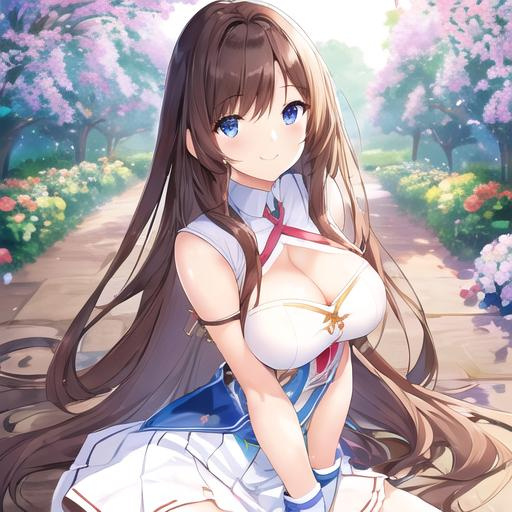 Prompt: pixiv, a 27 year old matured girl smiling, walnut brown hair, long hair, indigo blue eyes, big chest, D rank chest size, detailed face, wearing white skirt, sotting in the flower garden, waist-up shot, HDRI, masterpiece, smooth, sharp focus, illustration, emo, pupiles,