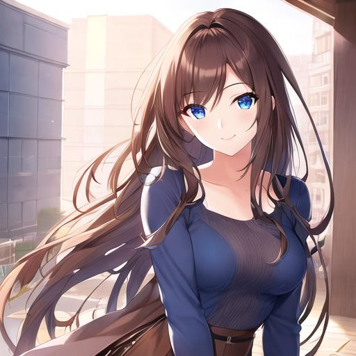 Prompt: pixiv, a 25 year old matured girl smiling, walnut brown hair, long hair, indigo blue eyes, detailed face, waist-up shot, HDRI, masterpiece, smooth, sharp focus, illustration, emo, pupiles, casual dress,