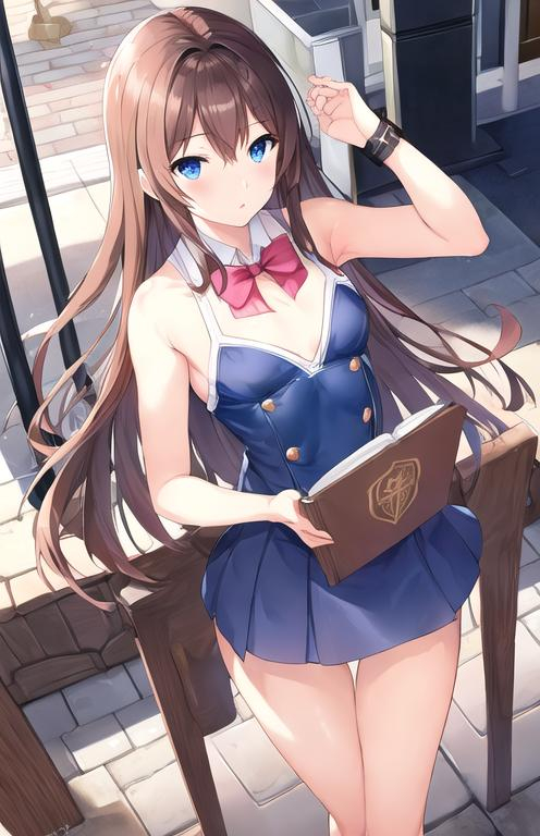 Prompt: pixiv, a women, walnut brown hair, indigo blue eyes, big chest, armpit length hairs, academy scenario, detailed body, waking on the streets,  standing, wearing school clothes, holding books, waist-up shot, HDRI, masterpiece, smooth, sharp focus, illustration, cute, emo, pupiles, short dress,