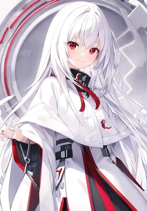Prompt: pixiv, a 14 year old girl smiling, white hair, deep red eyes, detailed face, white long coat,waist-up shot, HDRI, masterpiece, smooth, sharp focus, illustration, tattoo_black_horizontal_lines_on_cheeks, emo, pupiles, happy, casual cloths